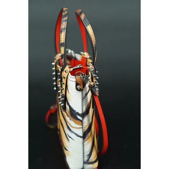Christian Louboutin Mini Cabata Tiger Print Leather Tote Bag Brown Red NWT $950